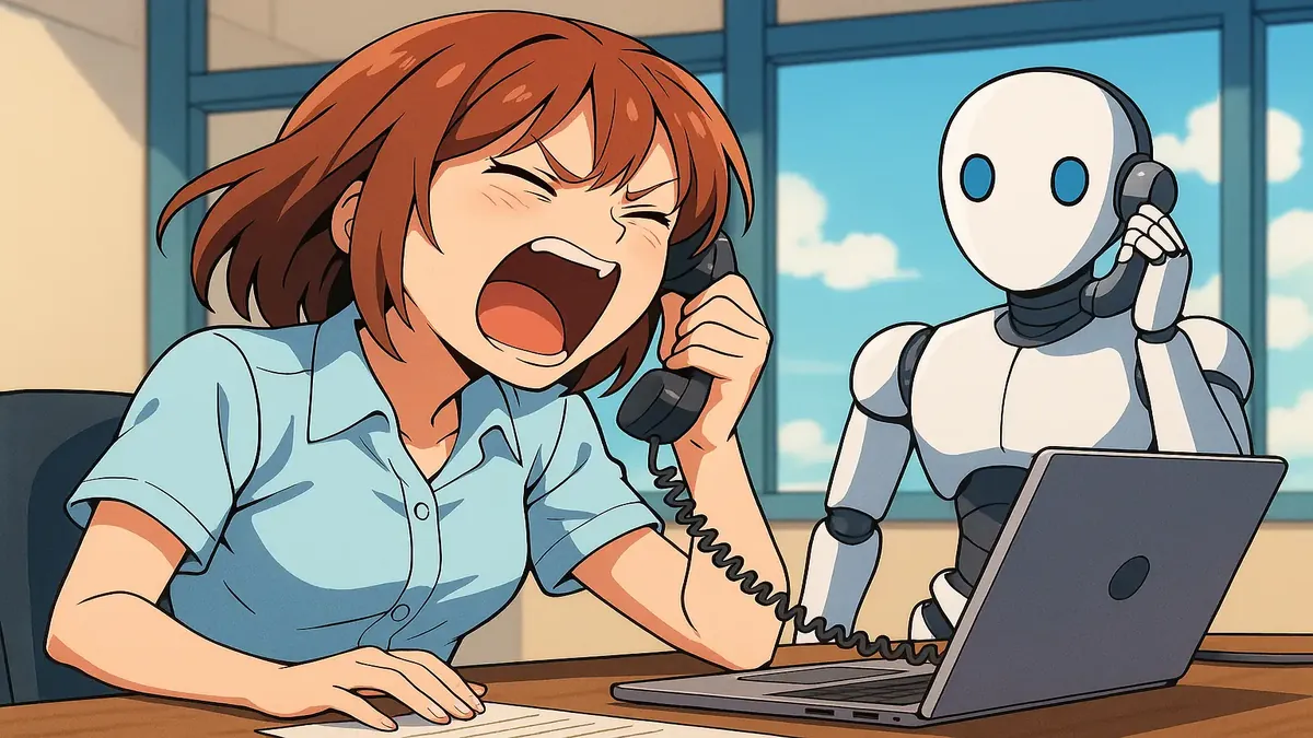 An anime-style character frustrated by phone calls, symbolizing reservation verification issues.