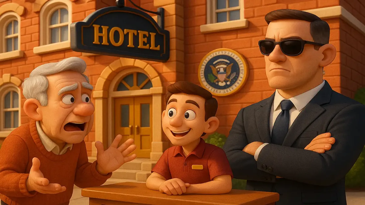 Cartoon-3D illustration of a historic hotel with a presidential suite and Secret Service presence.