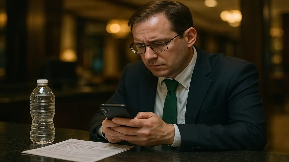 A stressed auditor at a desk surrounded by St. Patrick's Day decorations and paperwork, capturing workplace chaos.