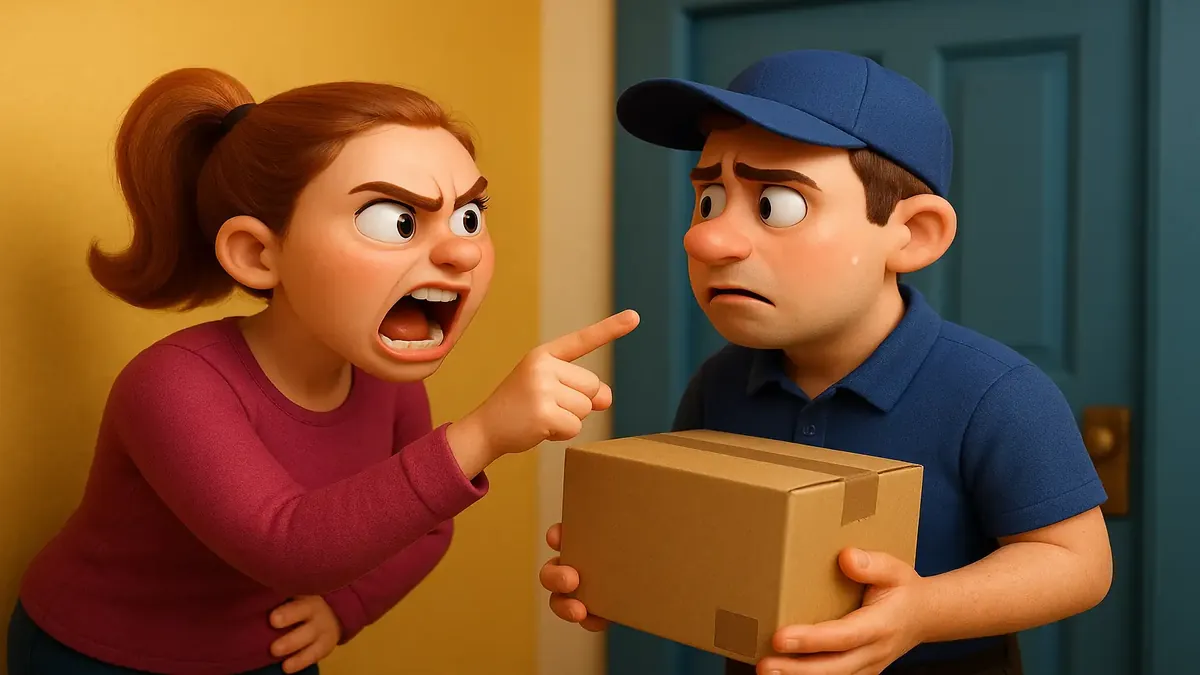 Cartoon-3D illustration of a frustrated hotel night auditor dealing with a demanding guest at the reception.