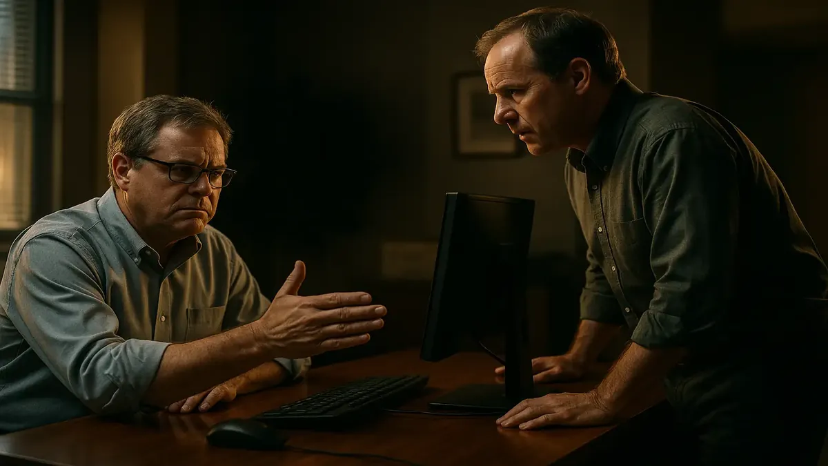 Mark denying a new PC request in a tech department, illustrating office dynamics and decision-making challenges.