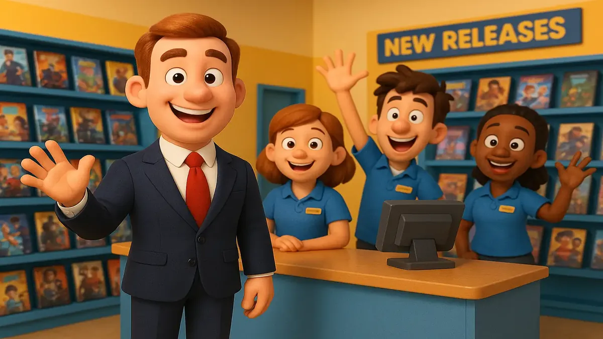 Cartoon 3D illustration of a man in a 3-piece suit, reflecting on his video rental store experience.
