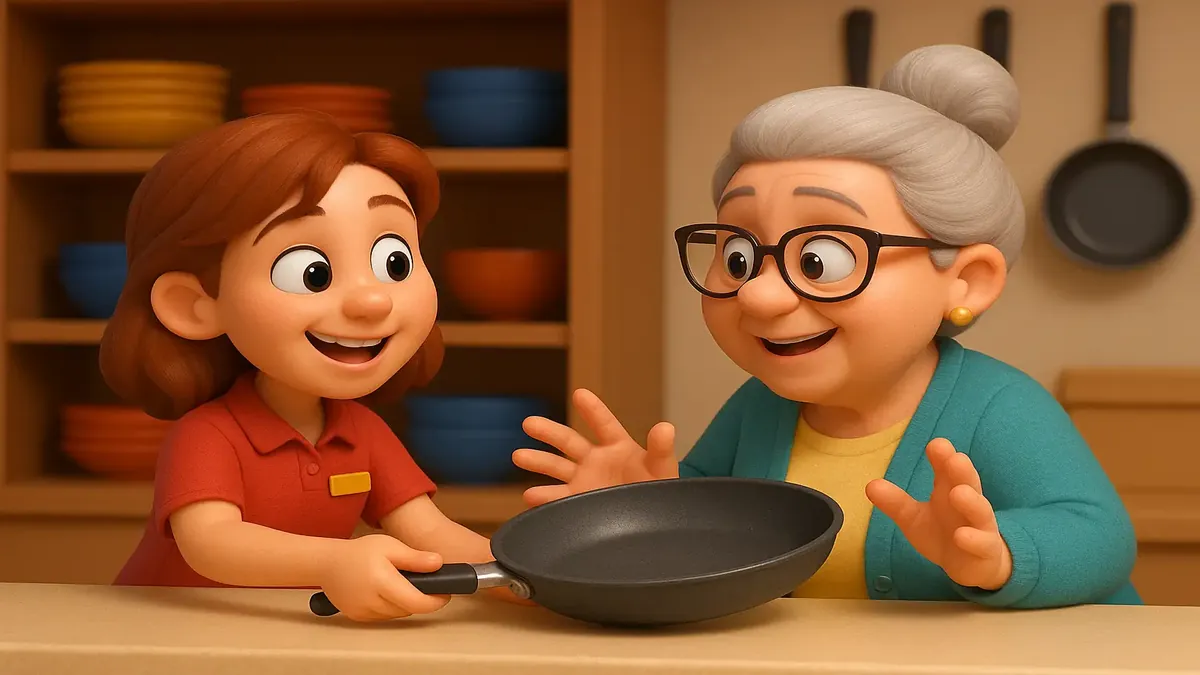 Cartoon-style 3D illustration of a department store frying pan promotion with excited customers.