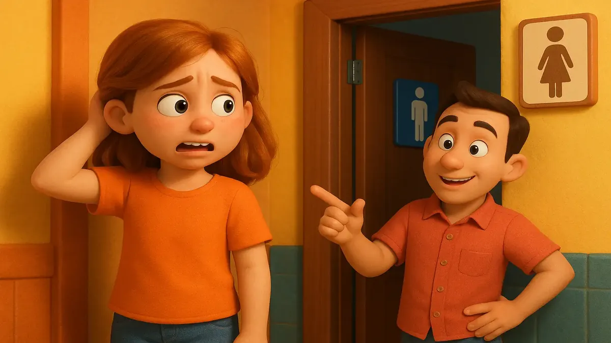 Cartoon 3D illustration of a girl confused in a men's bathroom, highlighting restroom mix-up humor.