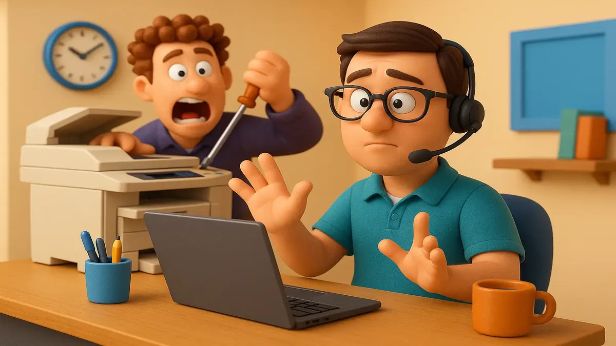 Cartoon 3D illustration of a frustrated person avoiding support requests, highlighting ticket submission options.