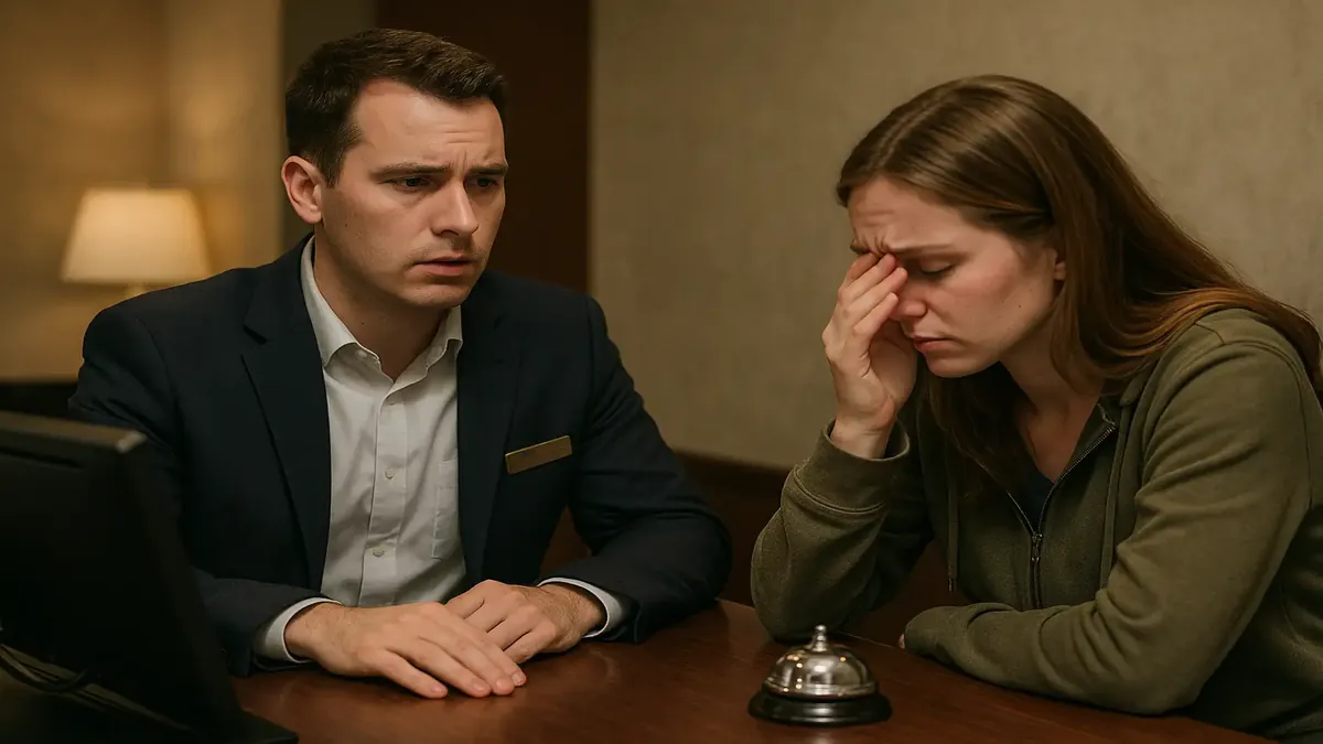 Nursing student at hotel front desk, showing concern for a guest who's unwell, photorealistic image.