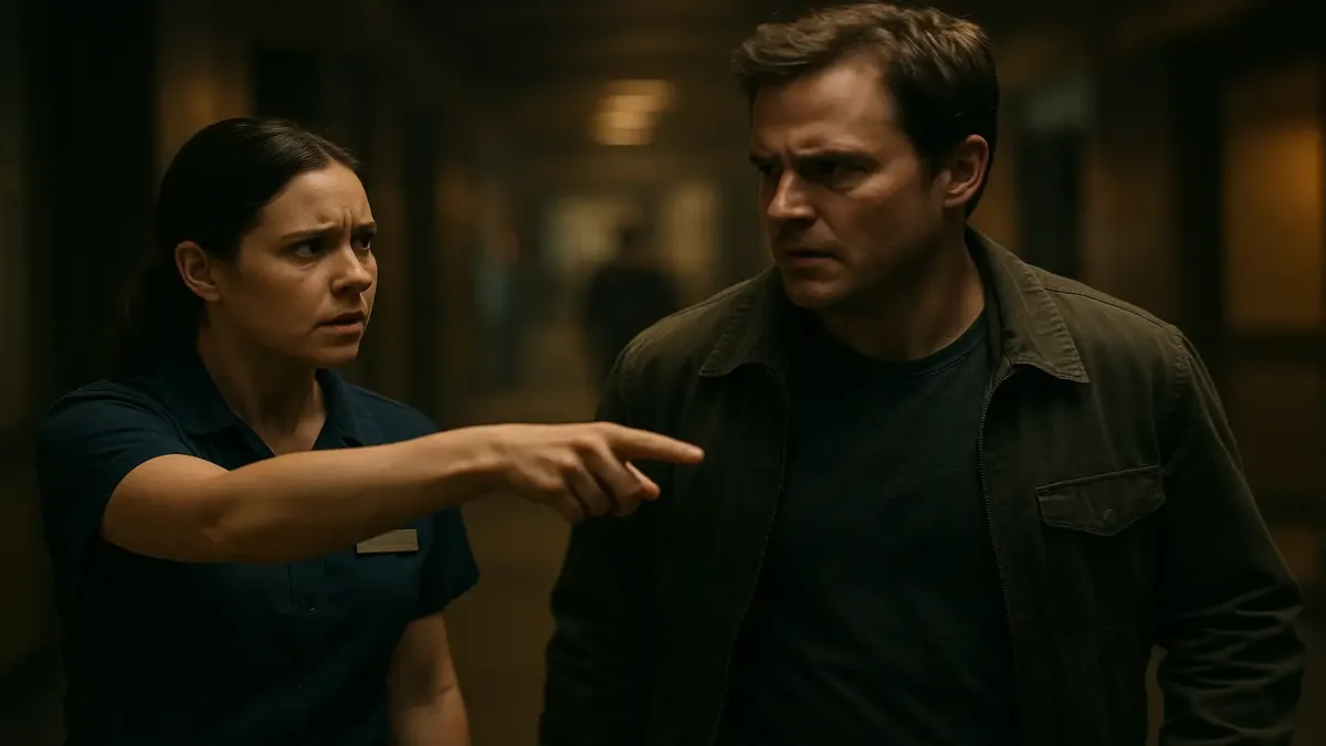 A cinematic scene of a person directing traffic, with confused individuals attempting to walk through them.