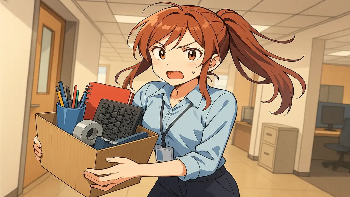 Anime illustration of a network administrator surrounded by minimal office accessories.