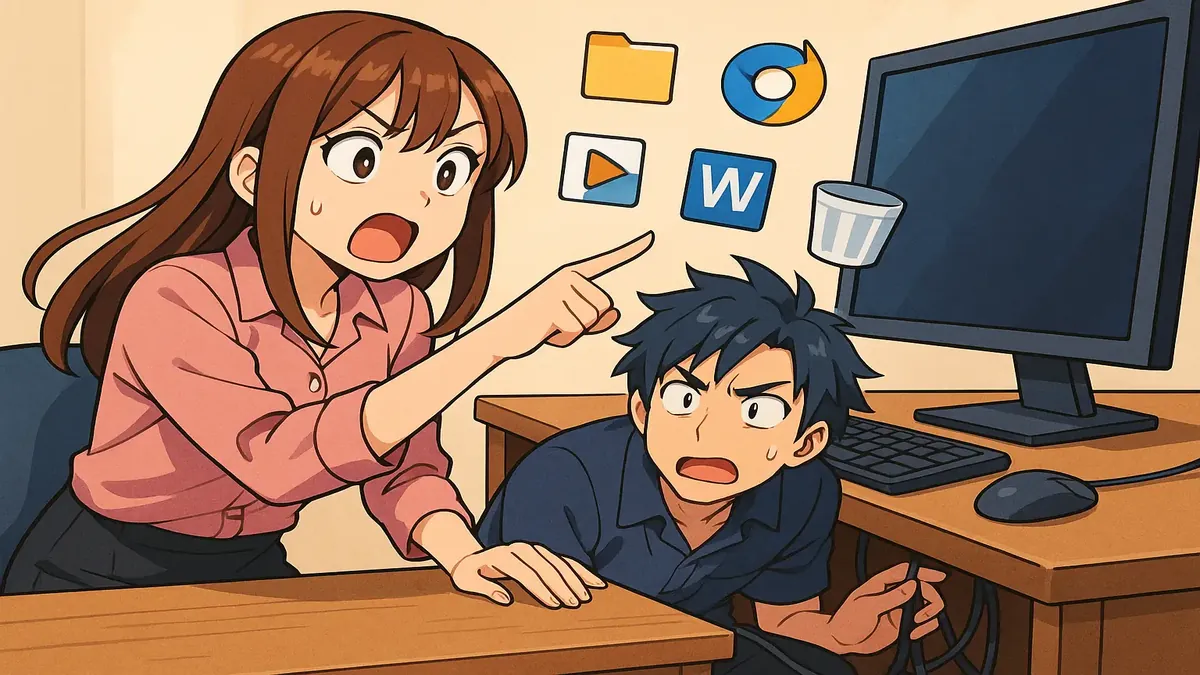 Anime illustration of a confused user with desktop icons missing from a computer display.