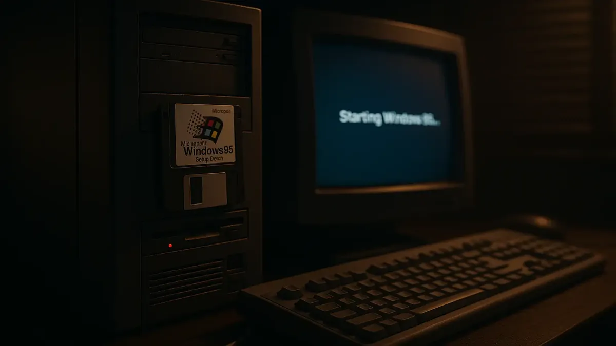 Vintage PCs booting from floppy disks, showcasing Windows 95 and network connections in a retro office setting.