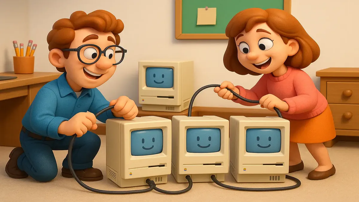 Cartoon depiction of thin Ethernet cables connecting vintage Mac SE computers in a school setting.