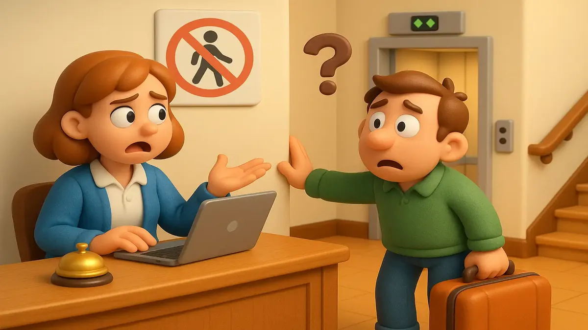 Cartoon-3D image of a frustrated hotel receptionist amidst a busy front desk scene illustrating miscommunication.