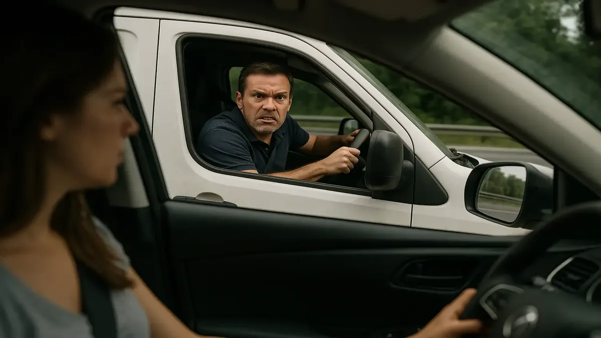 Car swerving on motorway to avoid collision with a van, showcasing risky driving behavior.