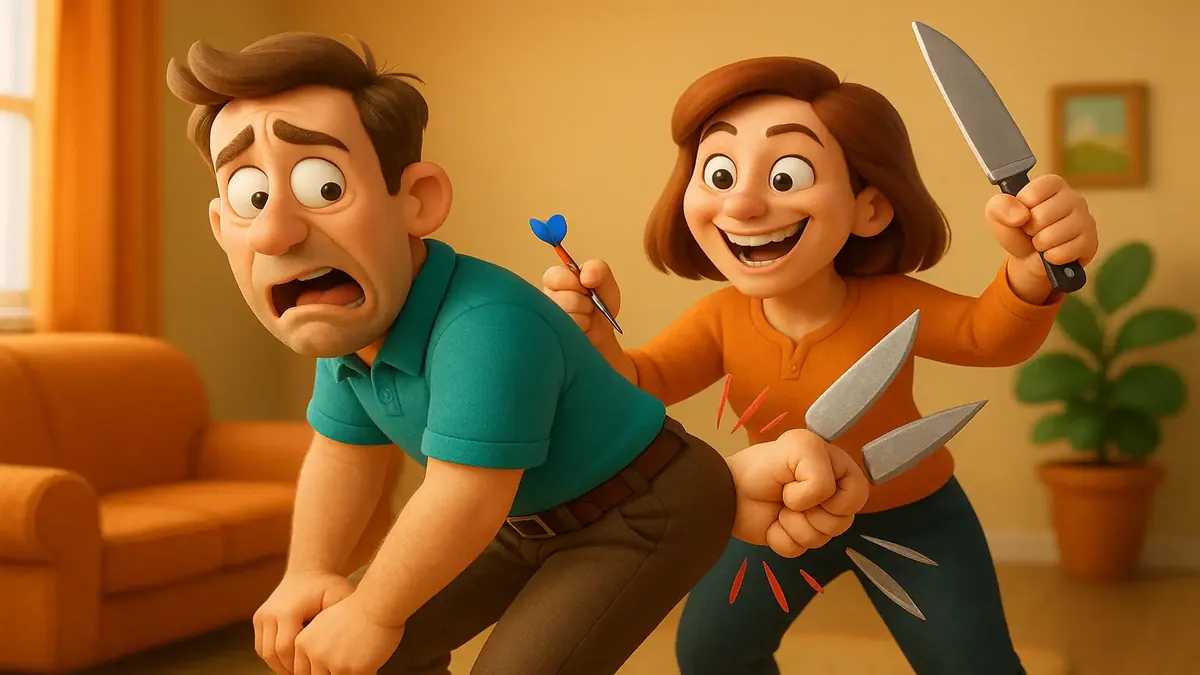 Cartoon-3D illustration of a man getting playfully punched in the ass by his wife at work, capturing a humorous moment.