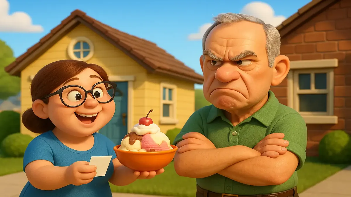 Cartoon 3D illustration of a family facing a cold neighbor in a rental house community.