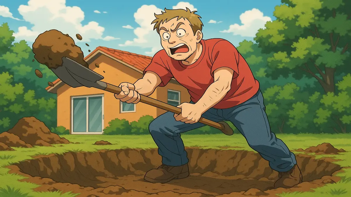 Anime illustration of a quirky man named Kevin dreaming about building a pool in his backyard.