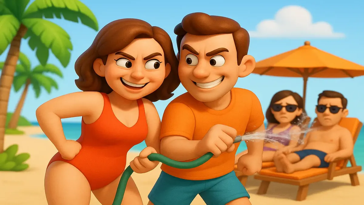 Cartoon illustration of a couple at a Caribbean resort, eyeing loungers taken by another couple.