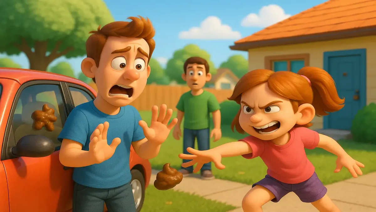 Cartoon 3D scene of a car with poop splattered on the windshield, symbolizing a bizarre summer day incident.
