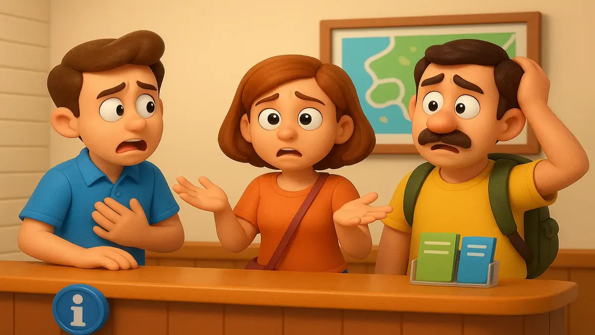 Cartoon 3D illustration of a bewildered couple at an info desk, seeking help while traveling without payment.