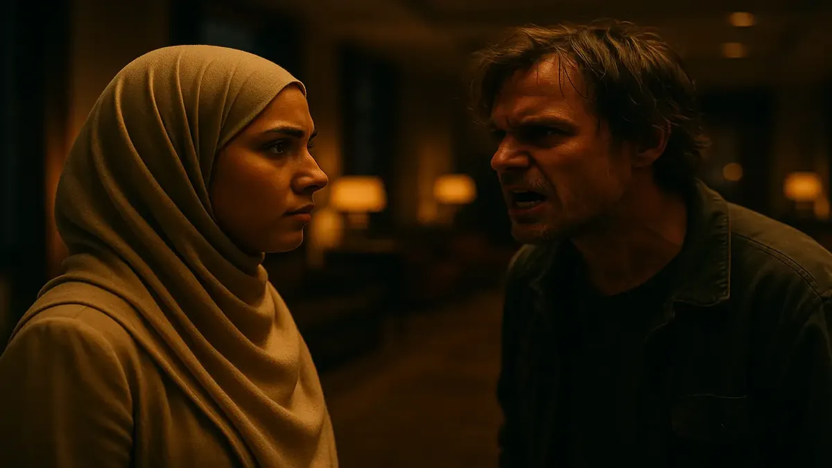 एक हेडकवर पहने महिला की फिल्मी छवि, होटल में एक चिंताजनक मुठभेड़ पर विचार करती हुई।