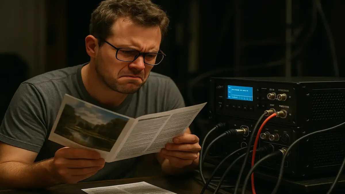 Close-up of commercial AV equipment showcasing sync and timecode connections for event setup.