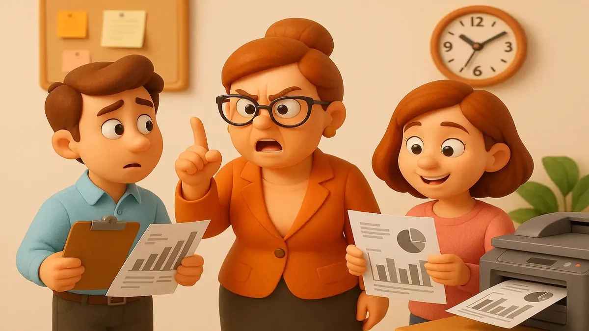 Cartoon 3D illustration of a frustrated employee printing only in black and white in a small office setting.