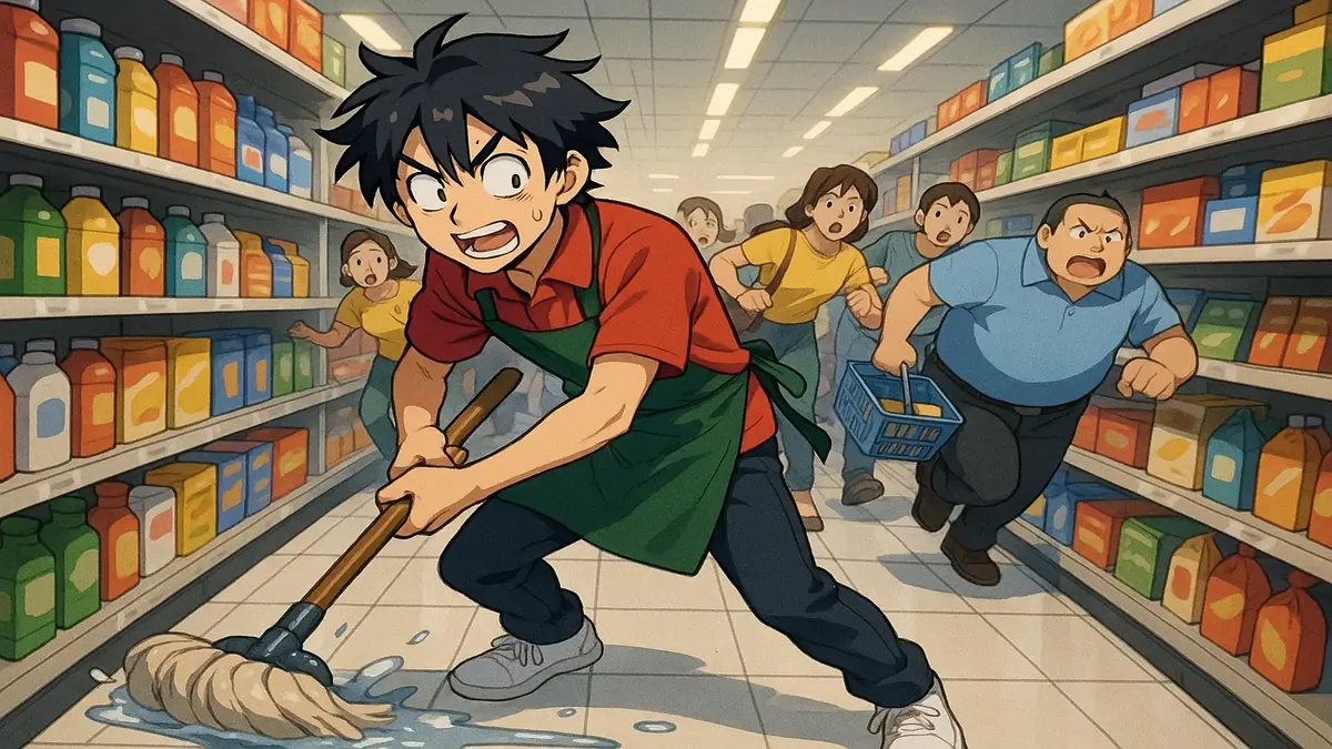 Night shift worker mops grocery store aisle at 10PM, anime style illustration captures bustling atmosphere.