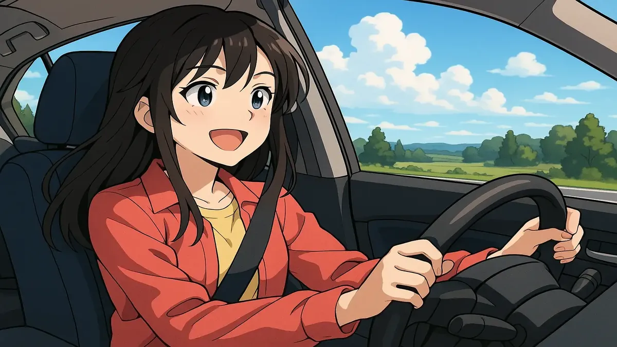 Anime-style illustration of a traveler driving through scenic Midwest landscapes, reflecting on their journey.