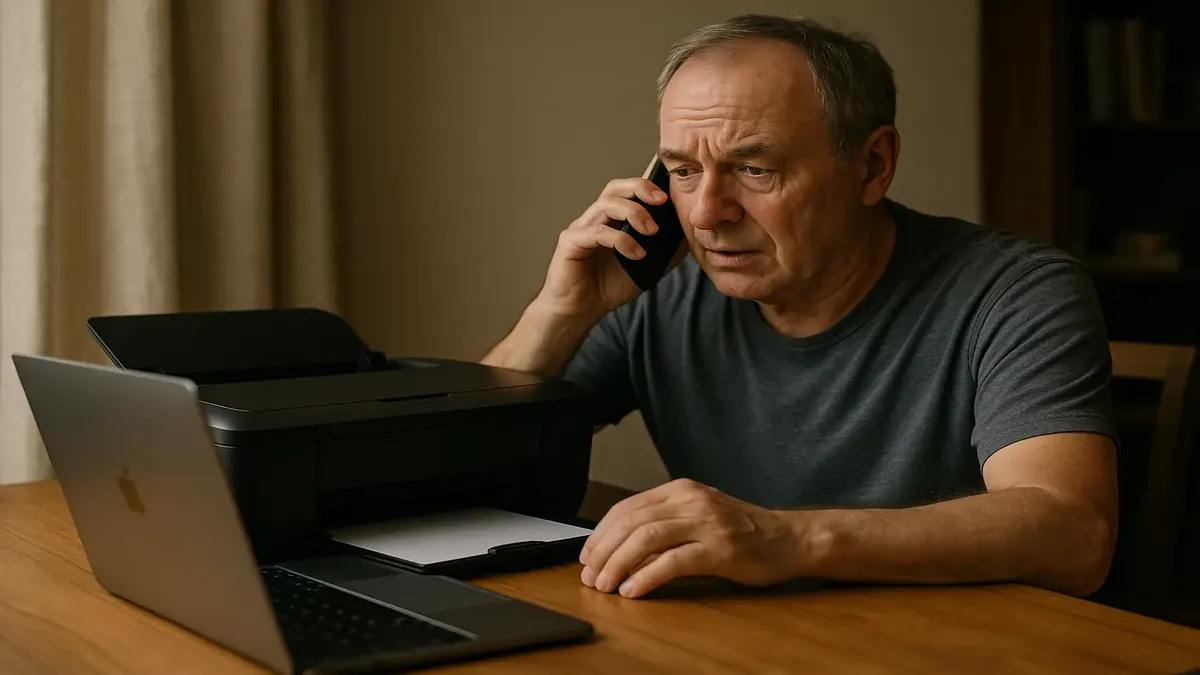 A family member troubleshooting a printer issue remotely with tech support on a laptop, illustrating family connections.