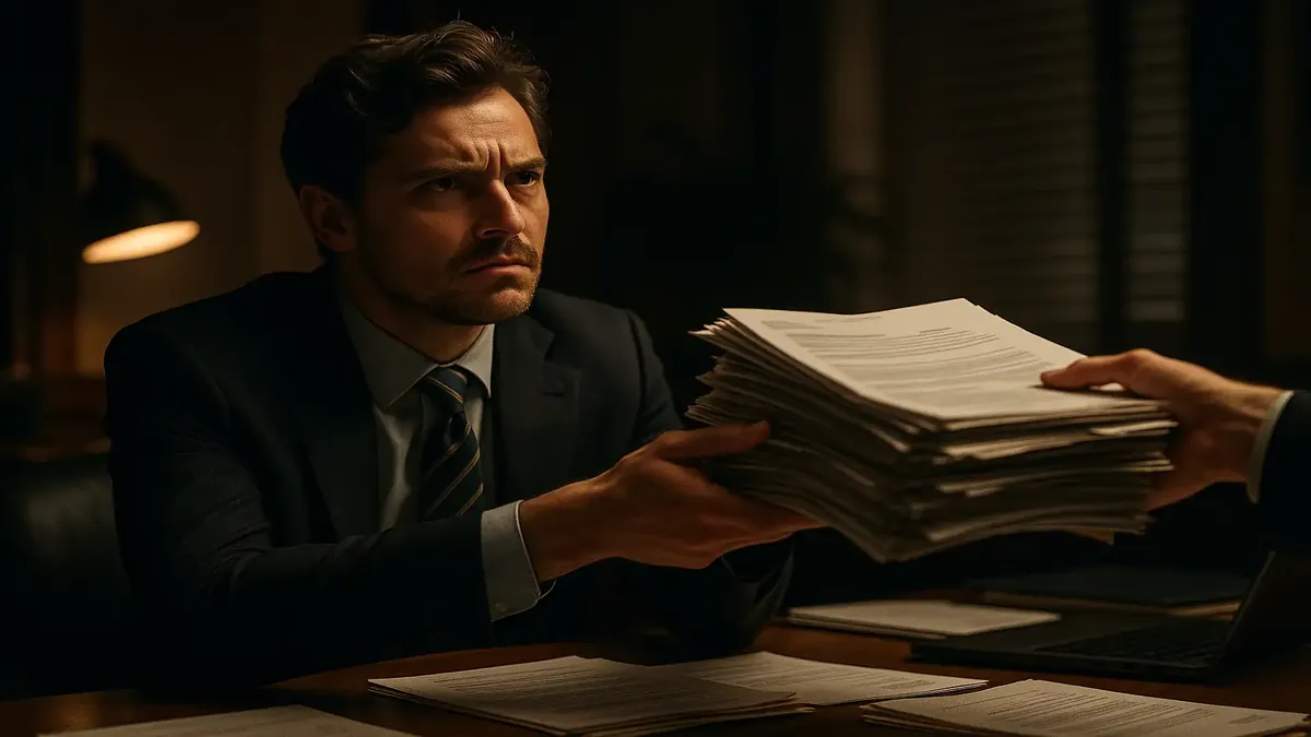 Cinematic image depicting a stressed bank employee overwhelmed by reports and customer demands.