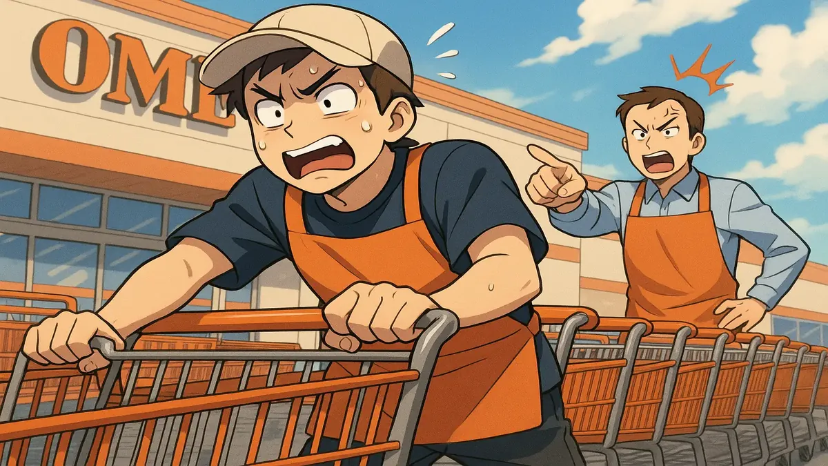 Anime illustration of a Home Depot lot associate juggling carts and assisting customers with heavy items.