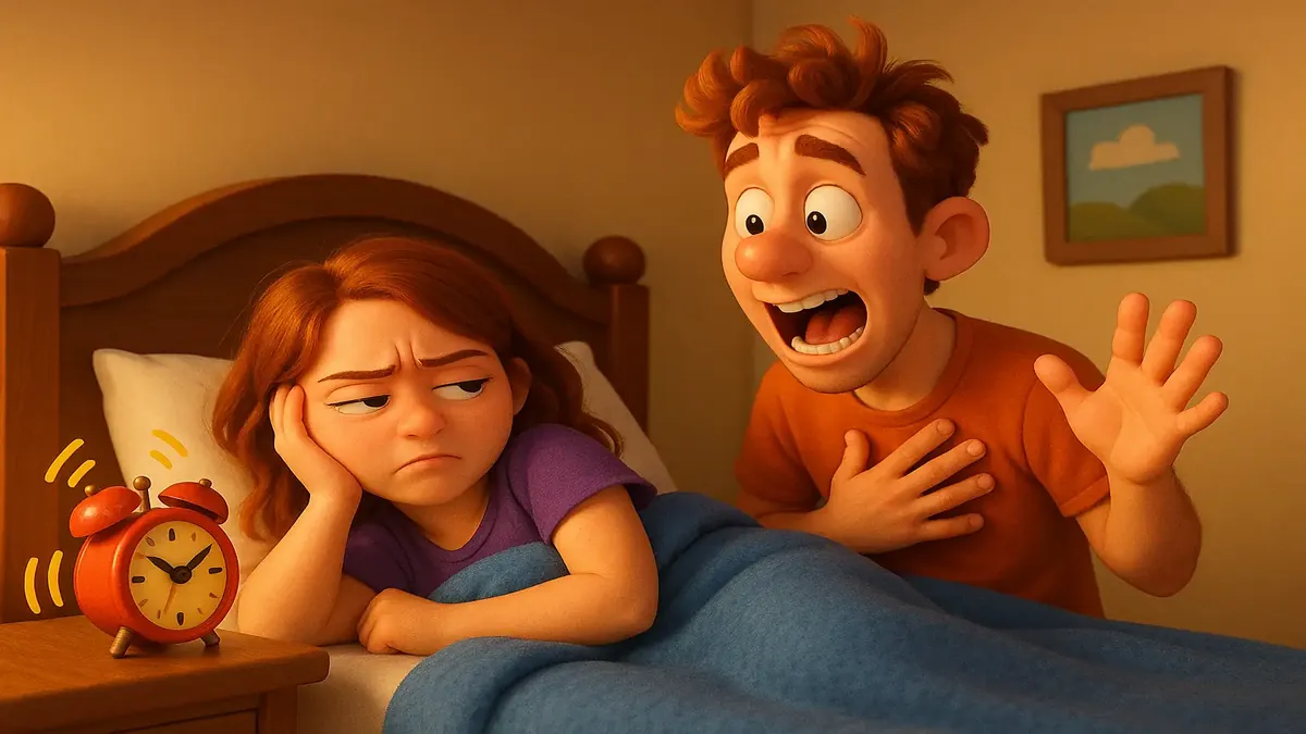 Cartoon-3D image depicting a person annoyed by random alarms and distractions in a cozy room setting.