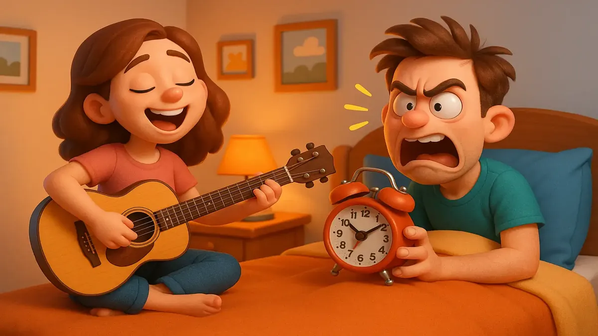 Cartoon-3D illustration of a college campus with hilly terrain and a student waking up to a loud concert at night.