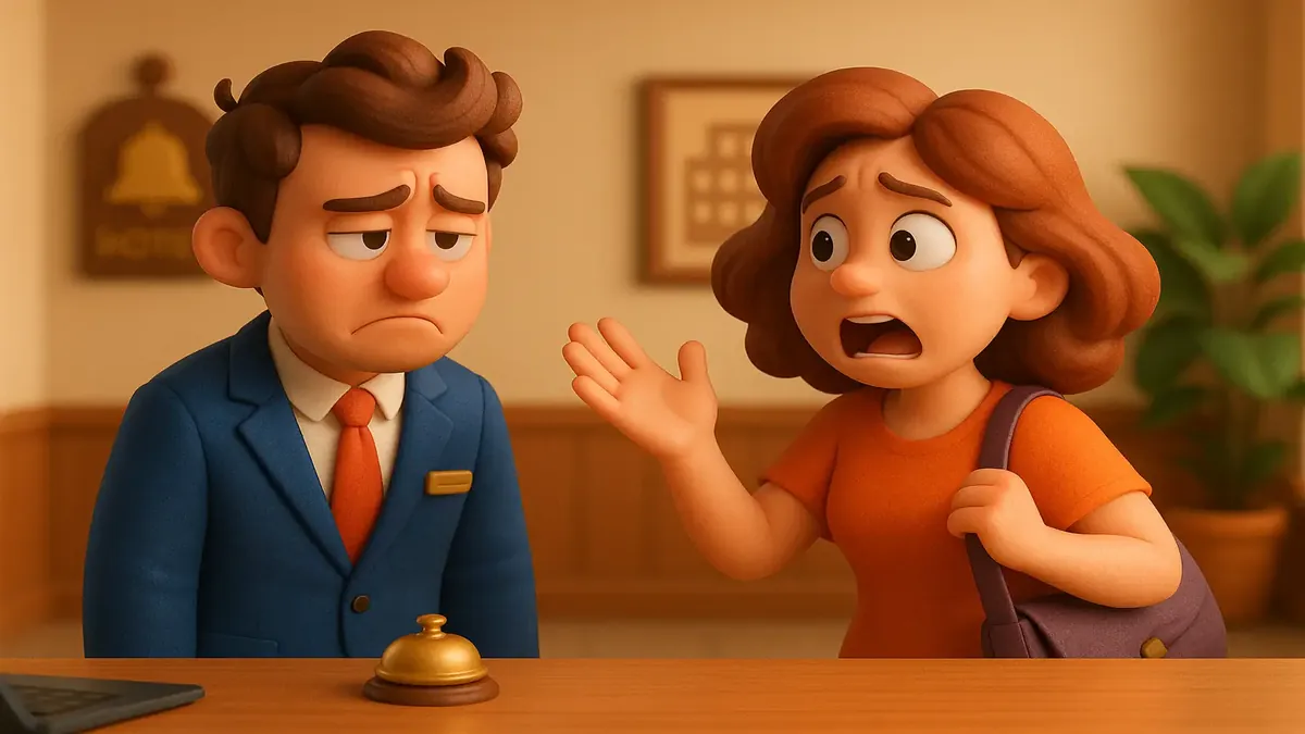 Cartoon-3D illustration of a stressed hotel worker at a boutique hotel in Ireland, reflecting job dissatisfaction.