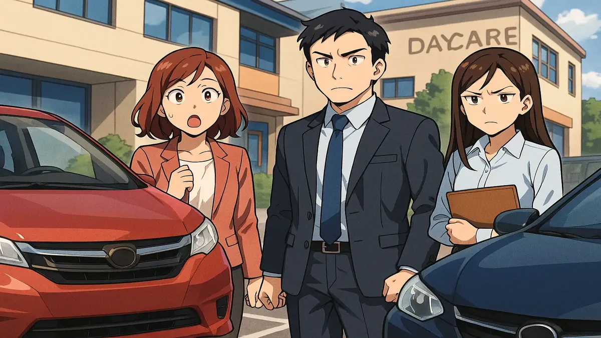 Office workers and a daycare sharing parking spaces, illustrated in vibrant anime style.