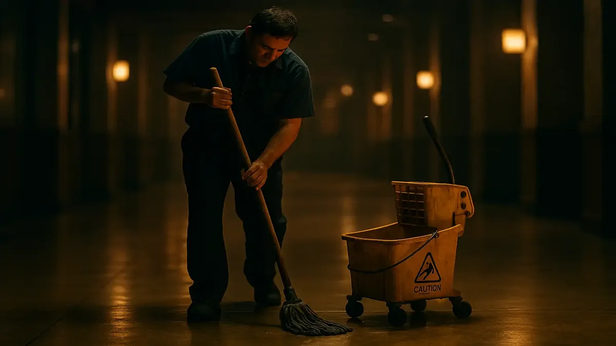 Cinematic view of a chaotic convention center environment, highlighting the struggles of management and cleaning staff.