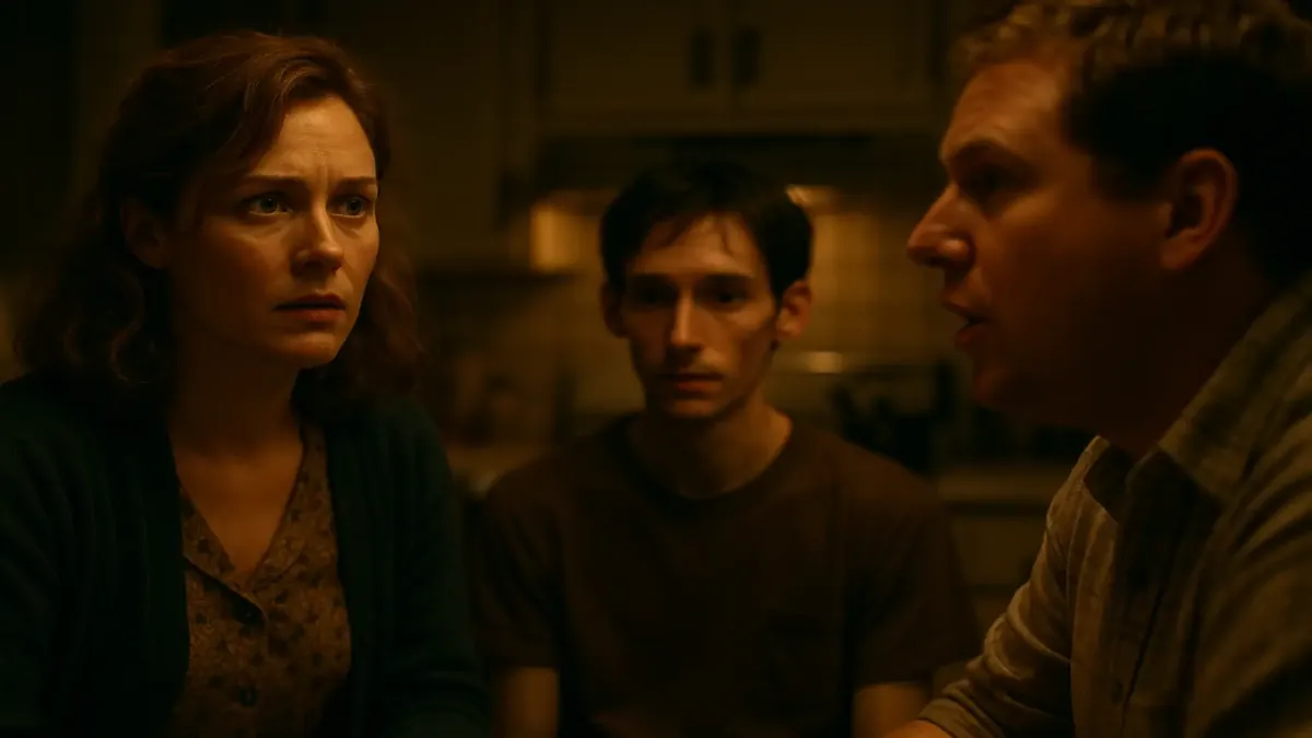 90 के दशक के एचआईवी/एड्स युग में ब्राउनीज़ और कलंक पर चर्चा करते एक चिंतित जोड़े की फिल्मी छवि।