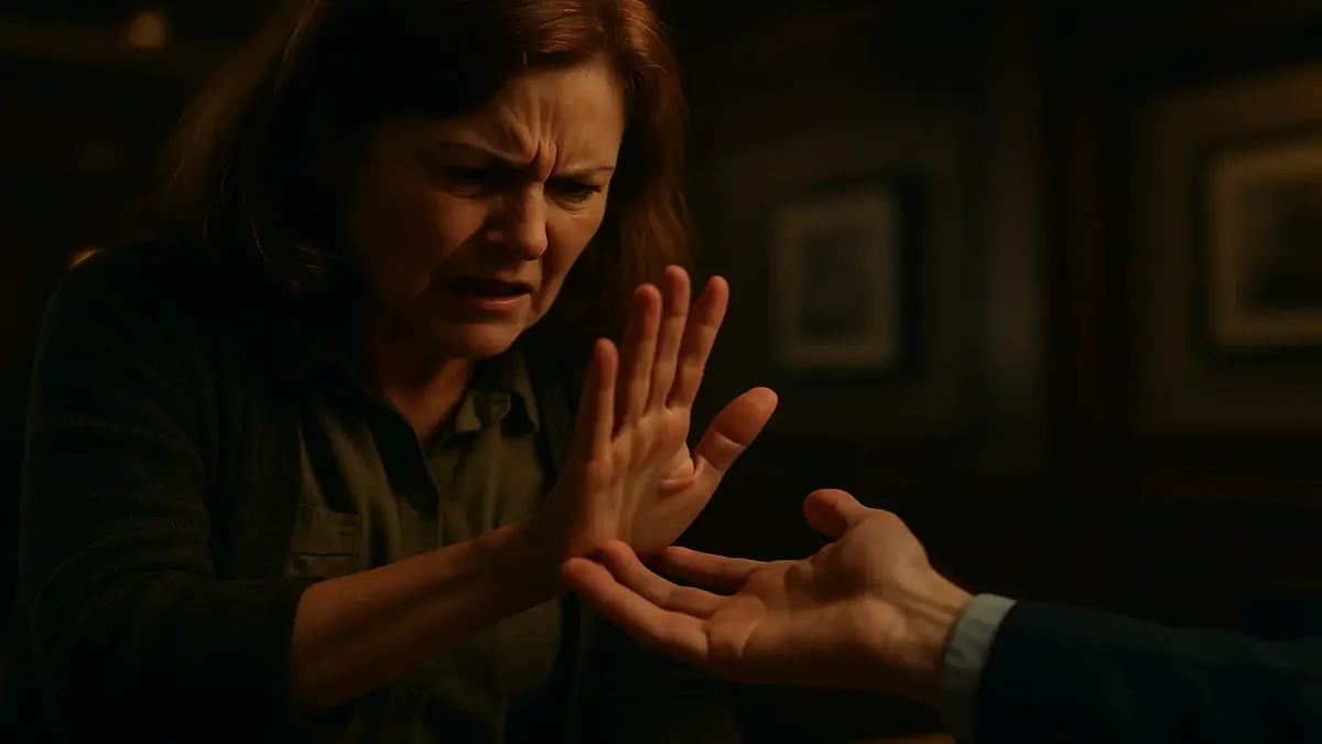 Cinematic image of a hotel front desk, capturing a tense moment between staff and a frustrated guest.