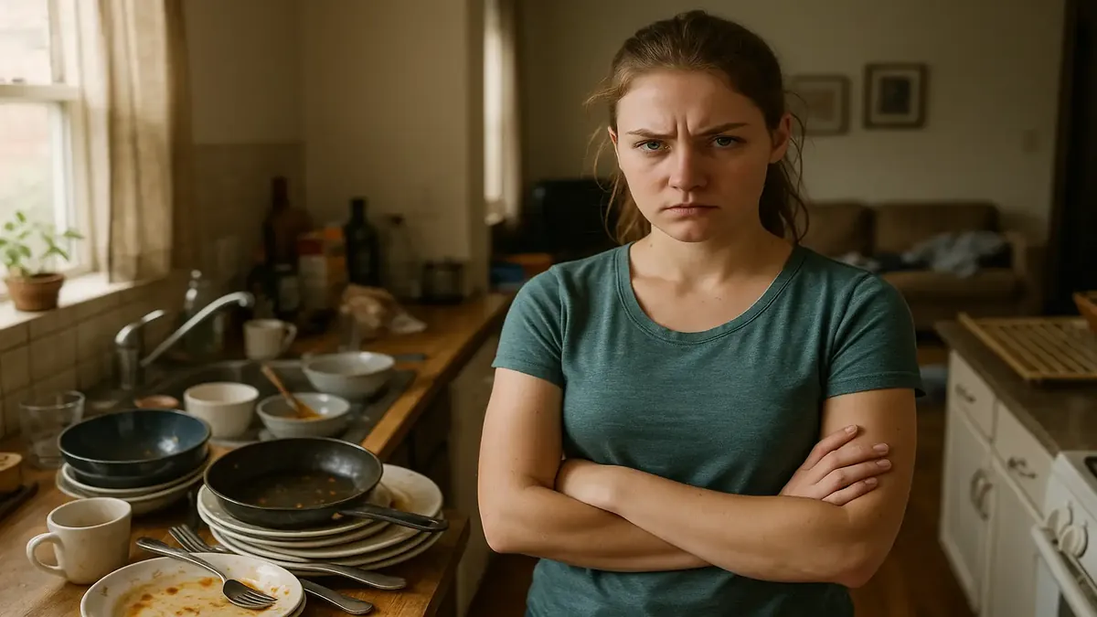 Housemates arguing in a messy kitchen, reflecting disrespect in shared living spaces among roommates.