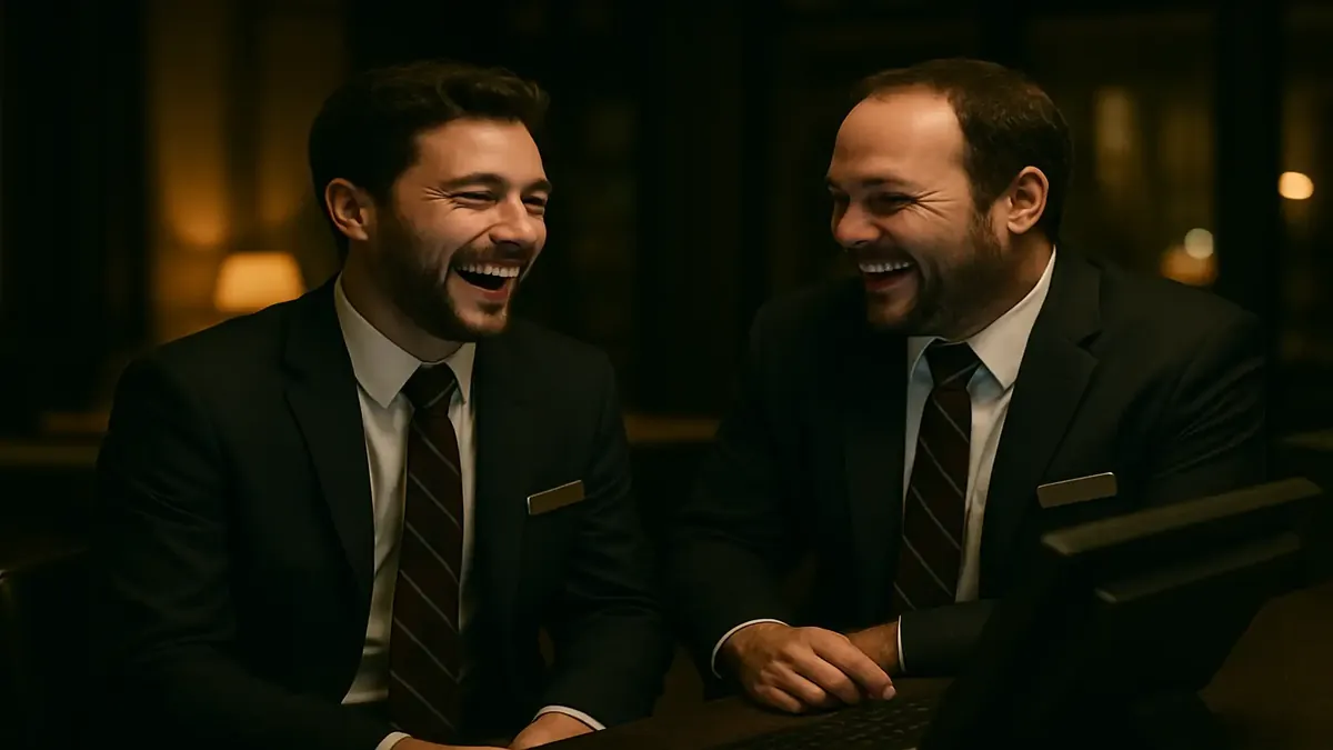 Two night auditors sharing a laugh at a hotel desk late at night, reflecting on humorous work moments.