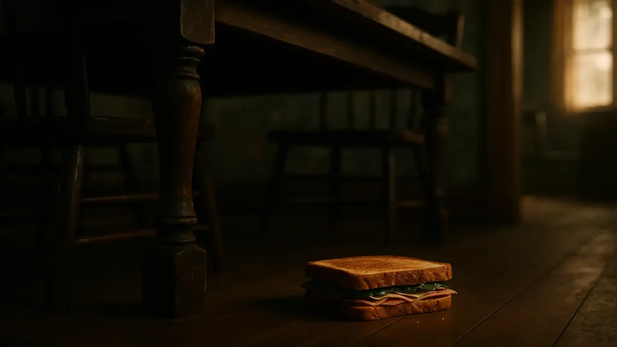 A group of friends laughing over sandwiches in their cozy university house, capturing shared memories.