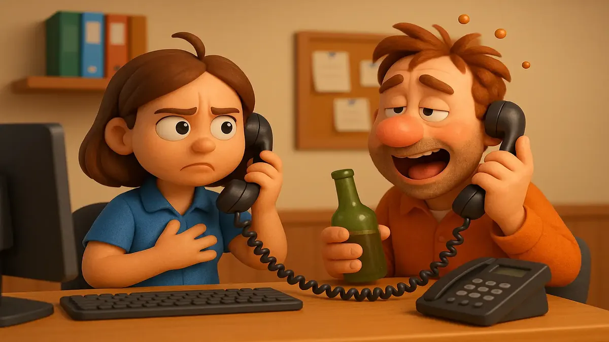 Cartoon illustration of a frustrated receptionist dealing with a drunk caller on the phone.