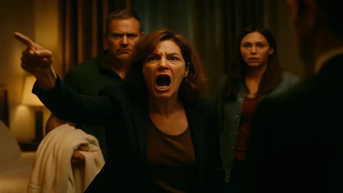 Group of three hotel guests checking in, displaying frustration over bathrobes in a cinematic scene.