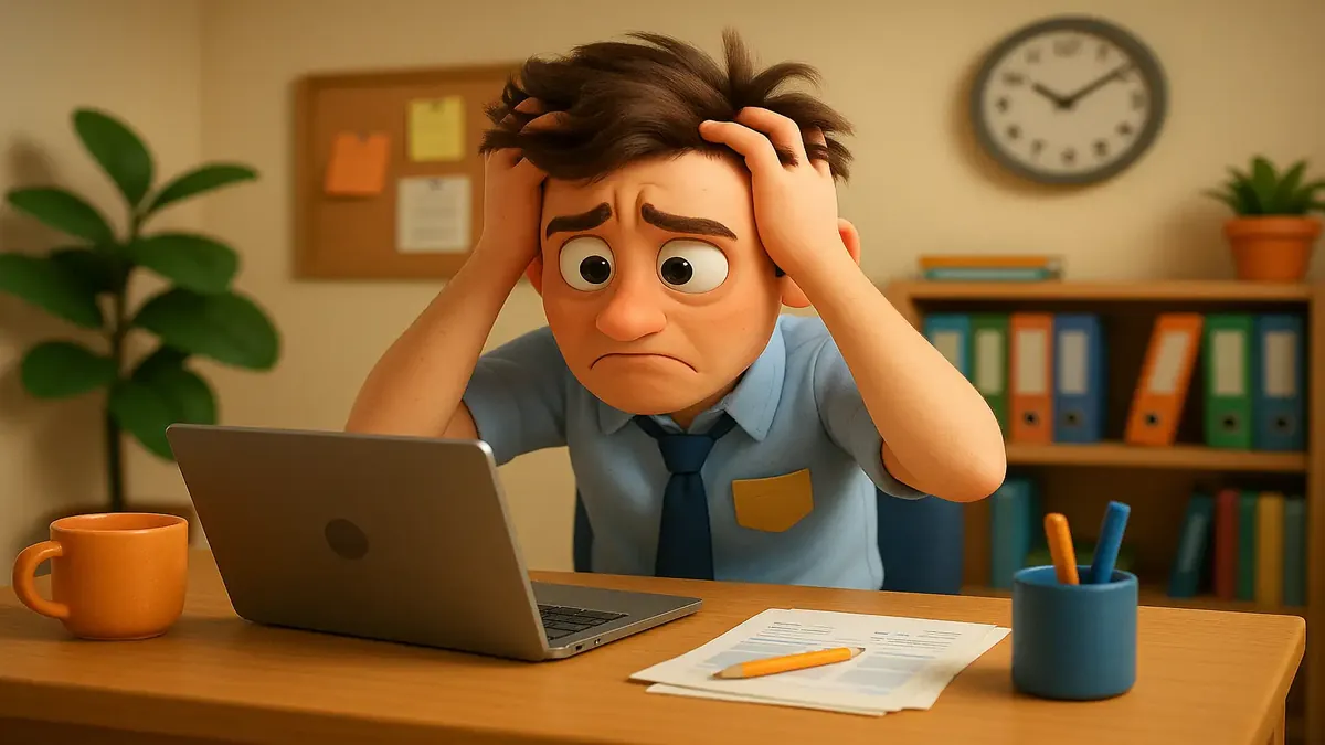 Cartoon-3D illustration of a stressed hotel worker dealing with imposter syndrome in a chaotic hotel environment.