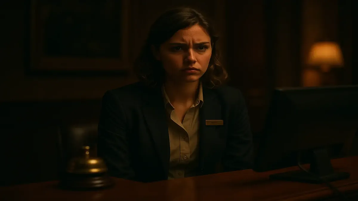 Front desk agent frustrated by guest complaints about room choices in a cinematic hotel setting.