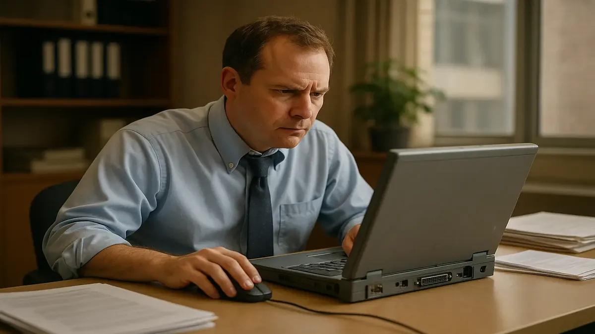 Slow computer on a cluttered desk, symbolizing challenges in transitioning to digital training solutions.