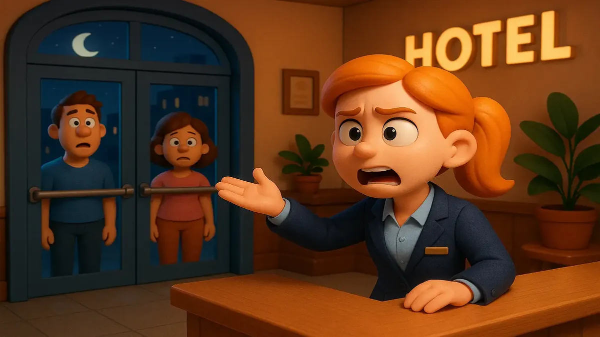Cartoon-style 3D illustration of a hotel receptionist locking doors at night for safety.
