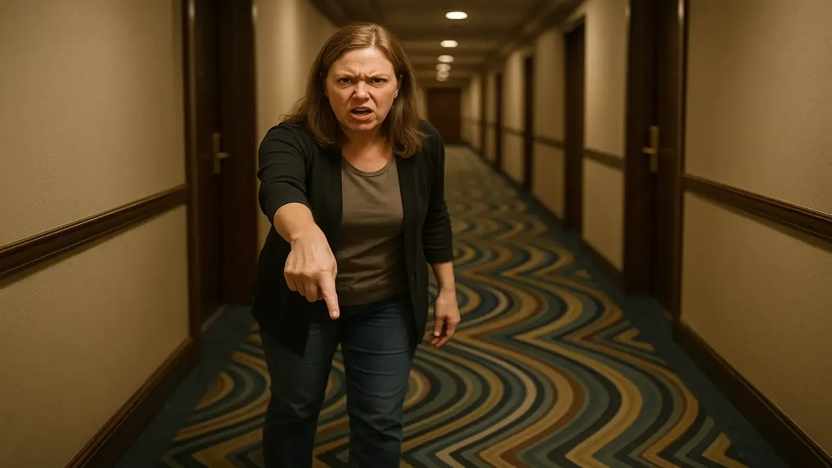 Frustrated hotel guest points at hallway carpet, highlighting a safety issue.