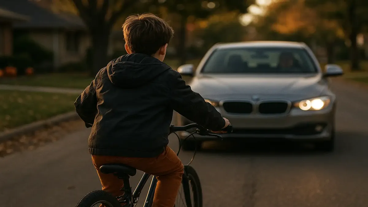 Kid riding a bike on the street during Halloween, with a concerned neighbor in the background.