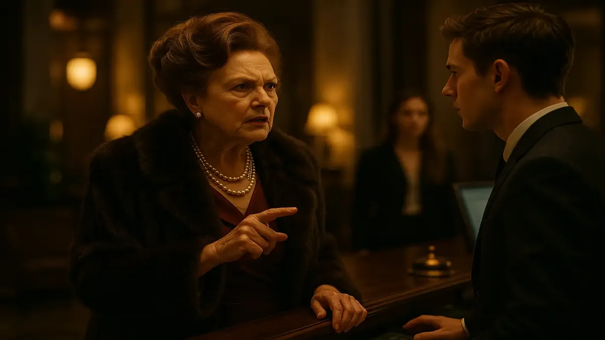 Older wealthy woman in hotel lobby confronting front desk clerk about parking spot issue, cinematic style.
